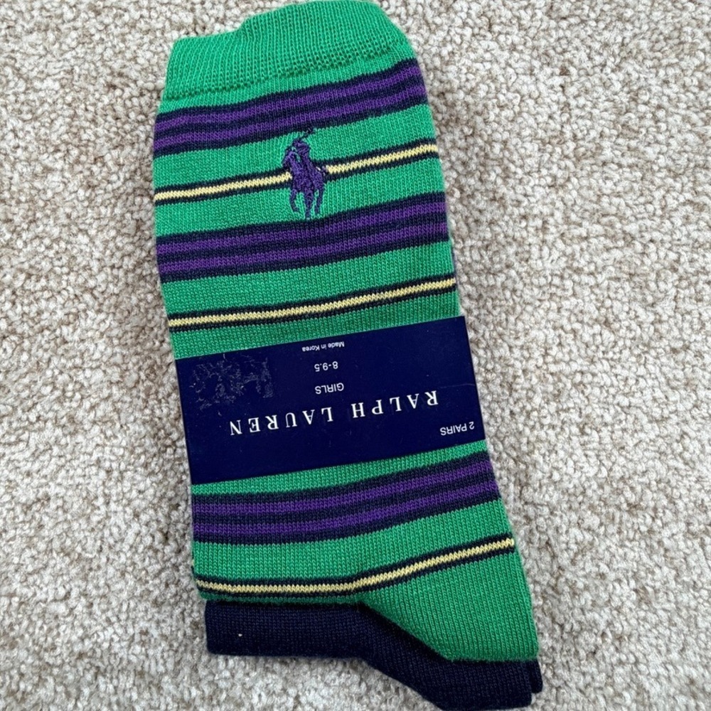 Ralph Lauren Girls 2 Pair Crew Socks Green Striped Navy Size 8-9.5 Shoe 13-3